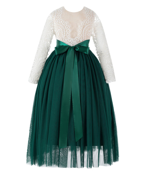 A-Line V-Back Lace Flower Girl Dresses with Sleeves Father Daughter Dance Recital Gown Parties 290R7