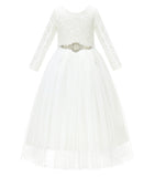 A-Line V-Back Lace Flower Girl Dresses with Sleeves Father Daughter Dance Recital Gown Parties 290R7