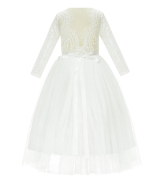 A-Line V-Back Lace Flower Girl Dresses with Sleeves Father Daughter Dance Recital Gown Parties 290R7