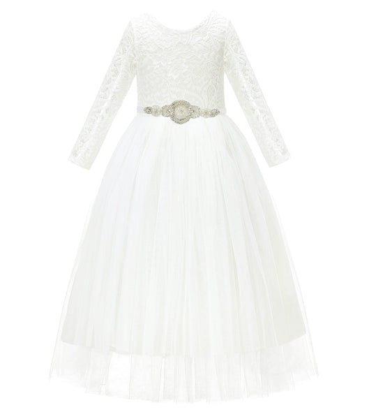 A-Line V-Back Lace Flower Girl Dresses with Sleeves Father Daughter Dance Recital Gown Parties 290R7