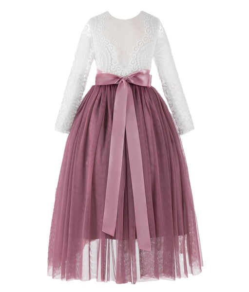 A-Line V-Back Lace Flower Girl Dresses with Sleeves Father Daughter Dance Recital Gown Parties 290R7