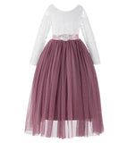A-Line V-Back Lace Flower Girl Dresses with Sleeves Father Daughter Dance Recital Gown Parties 290R7
