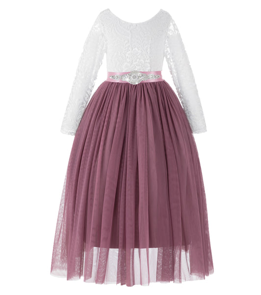 A-Line V-Back Lace Flower Girl Dresses with Sleeves Father Daughter Dance Recital Gown Parties 290R7