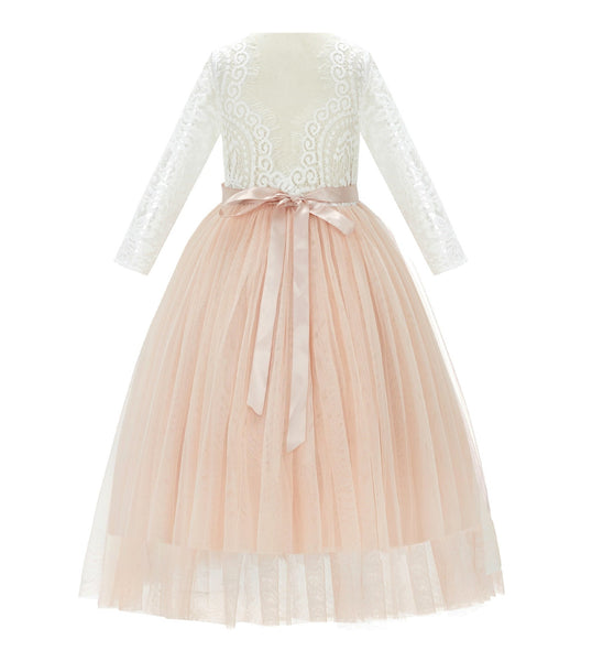 A-Line V-Back Lace Flower Girl Dresses with Sleeves Father Daughter Dance Recital Gown Parties 290R7