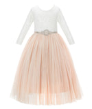 A-Line V-Back Lace Flower Girl Dresses with Sleeves Father Daughter Dance Recital Gown Parties 290R7