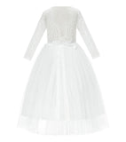A-Line V-Back Lace Flower Girl Dresses with Sleeves Father Daughter Dance Recital Gown Parties 290R7