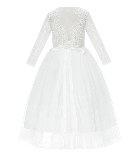A-Line V-Back Lace Flower Girl Dresses with Sleeves Father Daughter Dance Recital Gown Parties 290R7