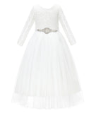 A-Line V-Back Lace Flower Girl Dresses with Sleeves Father Daughter Dance Recital Gown Parties 290R7