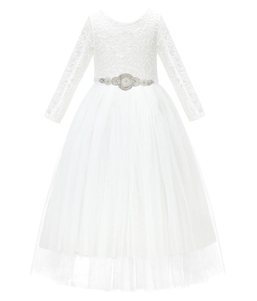 A-Line V-Back Lace Flower Girl Dresses with Sleeves Father Daughter Dance Recital Gown Parties 290R7