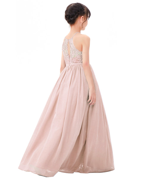 Lace Back Halter Flower Girl Dresses Formal Photoshoot Evening Gown Beauty Pageant Wedding Gown 332