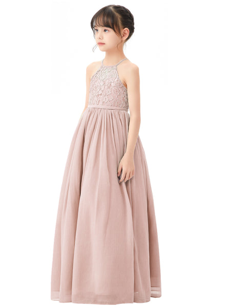 Lace Back Halter Flower Girl Dresses Formal Photoshoot Evening Gown Beauty Pageant Wedding Gown 332