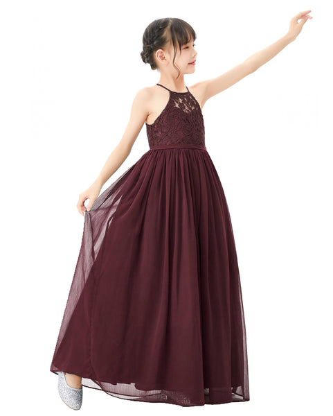 Lace Back Halter Flower Girl Dresses Formal Photoshoot Evening Gown Beauty Pageant Wedding Gown 332