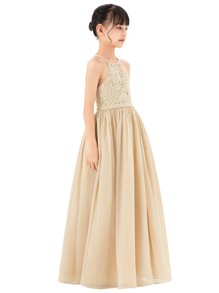 Lace Back Halter Flower Girl Dresses Formal Photoshoot Evening Gown Beauty Pageant Wedding Gown 332