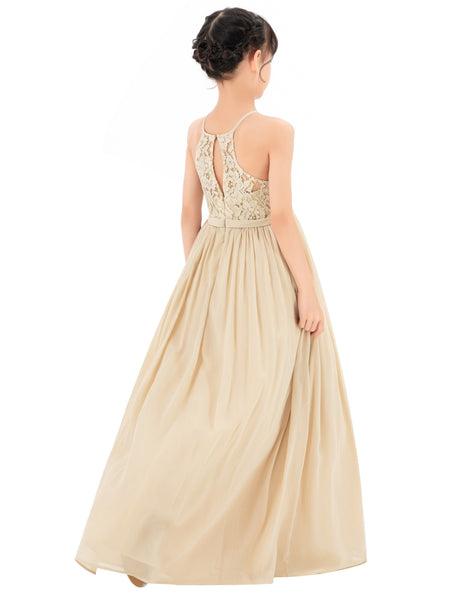 Lace Back Halter Flower Girl Dresses Formal Photoshoot Evening Gown Beauty Pageant Wedding Gown 332