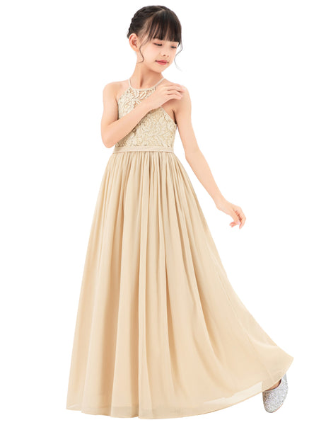 Lace Back Halter Flower Girl Dresses Formal Photoshoot Evening Gown Beauty Pageant Wedding Gown 332
