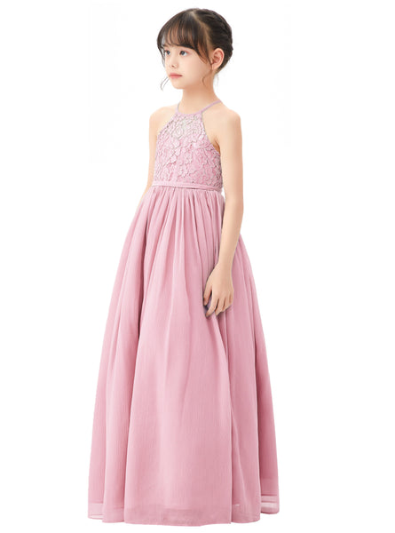 Lace Back Halter Flower Girl Dresses Formal Photoshoot Evening Gown Beauty Pageant Wedding Gown 332