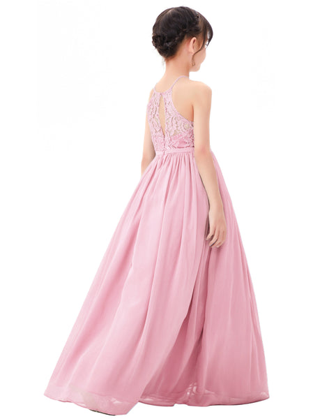 Lace Back Halter Flower Girl Dresses Formal Photoshoot Evening Gown Beauty Pageant Wedding Gown 332