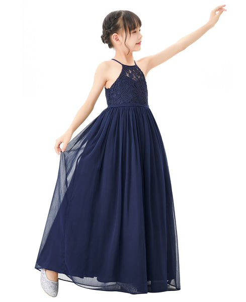 Lace Back Halter Flower Girl Dresses Formal Photoshoot Evening Gown Beauty Pageant Wedding Gown 332