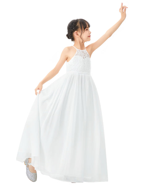 Lace Back Halter Flower Girl Dresses Formal Photoshoot Evening Gown Beauty Pageant Wedding Gown 332