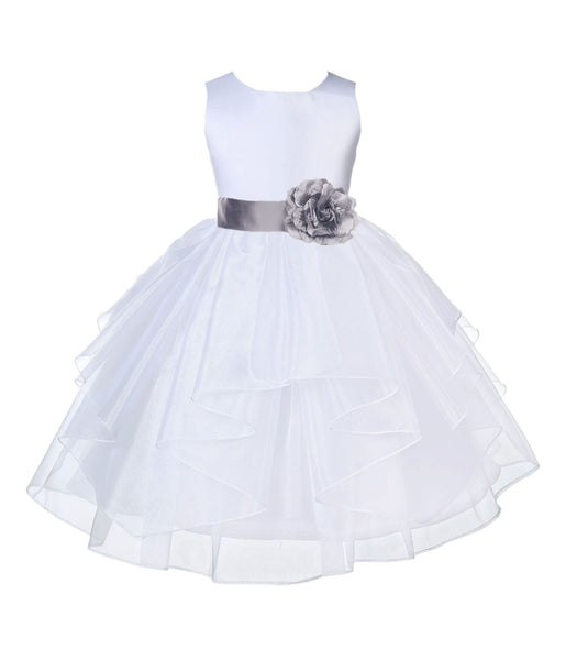 White Satin Shimmering Organza Flower Girl Dress Junior Formal Pageant Baptism Christening 4613T(4)