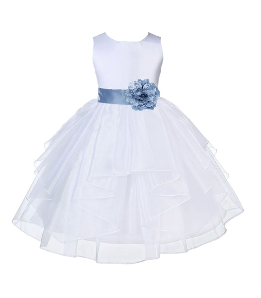 White Satin Shimmering Organza Flower Girl Dress Junior Formal Pageant Baptism Christening 4613T(2)