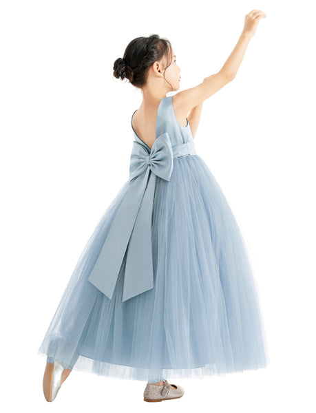 V-Neck Satin Flower Girl Dress for Special Occasions Birthday Gown Father Daughter Dance Recital 522