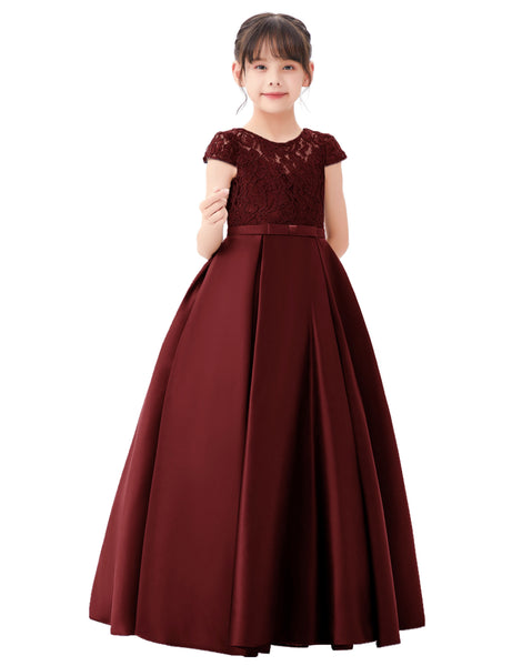 Illusion Lace Cap Sleeves Flower Girl Dress Elegant Princess Junior Bridesmaid Ballroom Dance L246