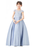Illusion Lace Cap Sleeves Flower Girl Dress Elegant Princess Junior Bridesmaid Ballroom Dance L246