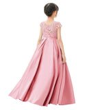 Illusion Lace Cap Sleeves Flower Girl Dress Elegant Princess Junior Bridesmaid Ballroom Dance L246