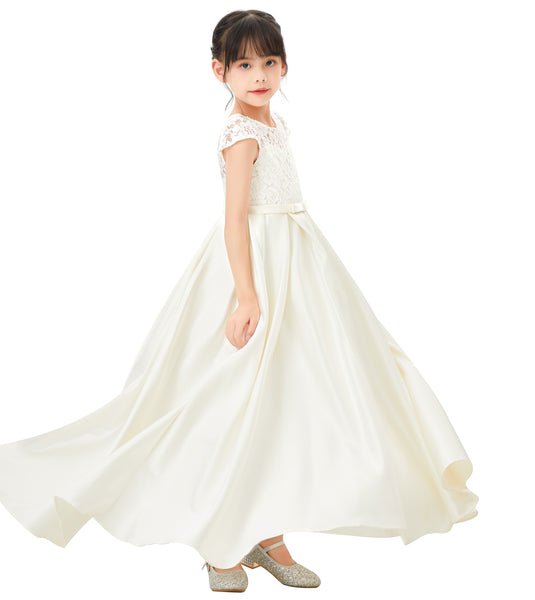 Illusion Lace Cap Sleeves Flower Girl Dress Elegant Princess Junior Bridesmaid Ballroom Dance L246