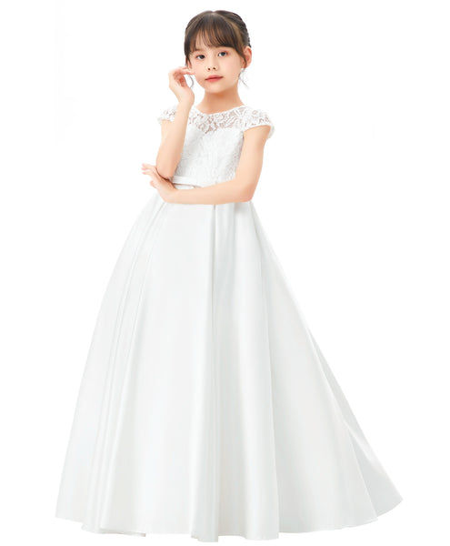 Illusion Lace Cap Sleeves Flower Girl Dress Elegant Princess Junior Bridesmaid Ballroom Dance L246