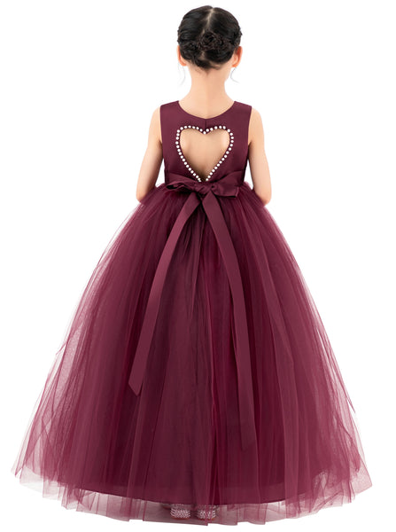 Satin Heart Cutout Flower Girl Dress with Pearl Beaded Trim for Pretty Princess Ceremonial Gown P250