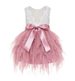 Tiered Tulle Flower Girl Dress Lace Back Junior Bridesmaid Pretty Princess Ceremonial Gown LG6