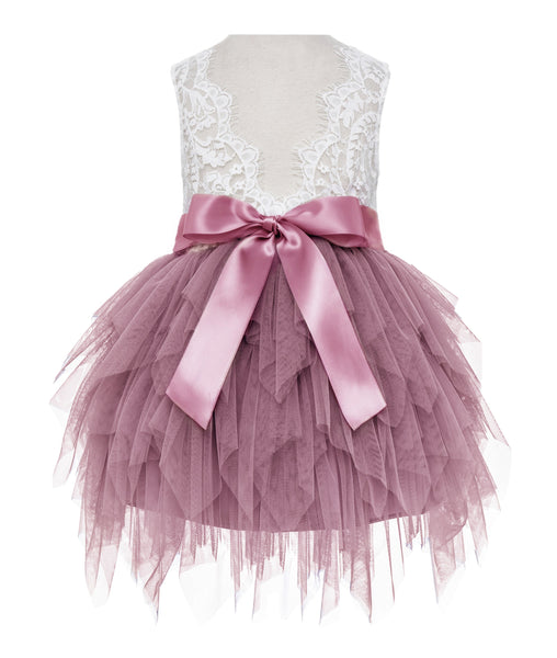 Tiered Tulle Flower Girl Dress Lace Back Junior Bridesmaid Pretty Princess Ceremonial Gown LG6