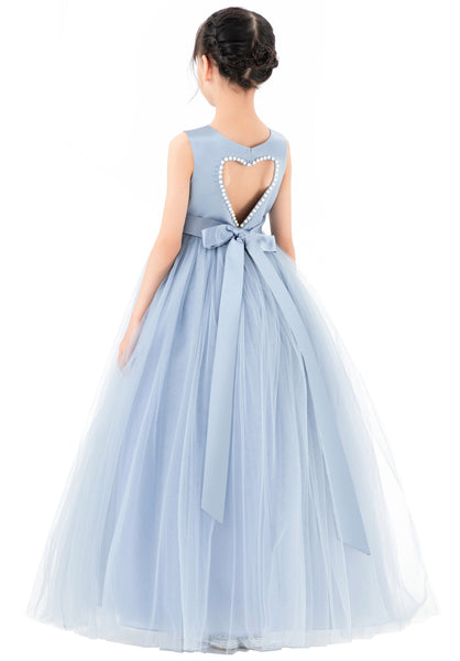 Satin Heart Cutout Flower Girl Dress with Pearl Beaded Trim for Pretty Princess Ceremonial Gown P250