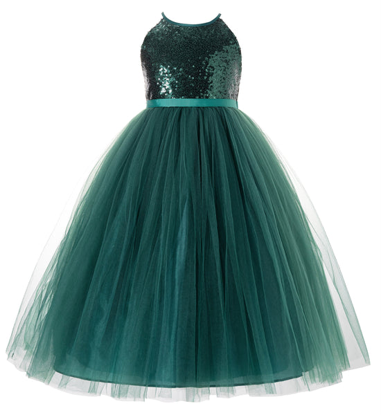 Sequin Halter Flower Girl Dress Special Events Dance Recital Ballroom Gown Pretty Princess 202