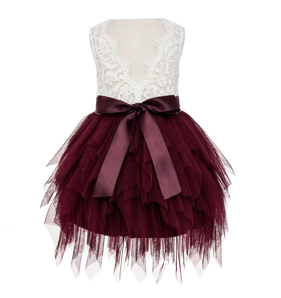 Tiered Tulle Flower Girl Dress Lace Back Junior Bridesmaid Pretty Princess Ceremonial Gown LG6