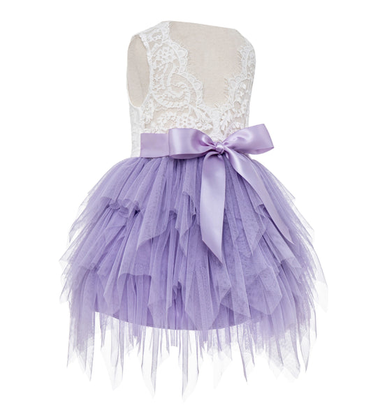 Tiered Tulle Flower Girl Dress Lace Back Junior Bridesmaid Pretty Princess Ceremonial Gown LG6