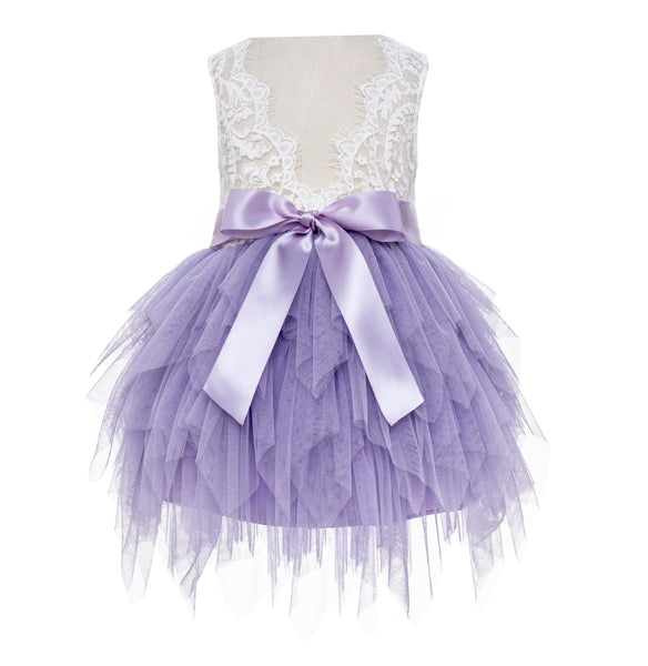 Tiered Tulle Flower Girl Dress Lace Back Junior Bridesmaid Pretty Princess Ceremonial Gown LG6