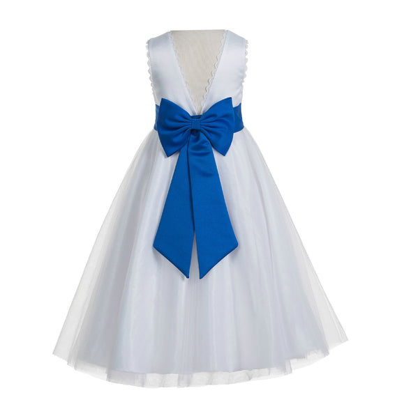 White V-Back Lace Edge Flower Girl Dress Junior Pageant Special Occasion Formal Evening Gown 183T(1)