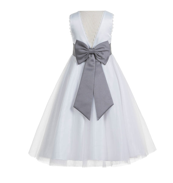 White V-Back Lace Edge Flower Girl Dress Junior Pageant Special Occasion Formal Evening Gown 183T(1)