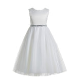 White V-Back Lace Edge Junior Flower Girl Dress Holy Baptism First Communion Christening Dresses 183