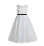Ivory V-Back Lace Edge Junior Flower Girl Dress Holy Baptism First Communion Christening Dresses 183