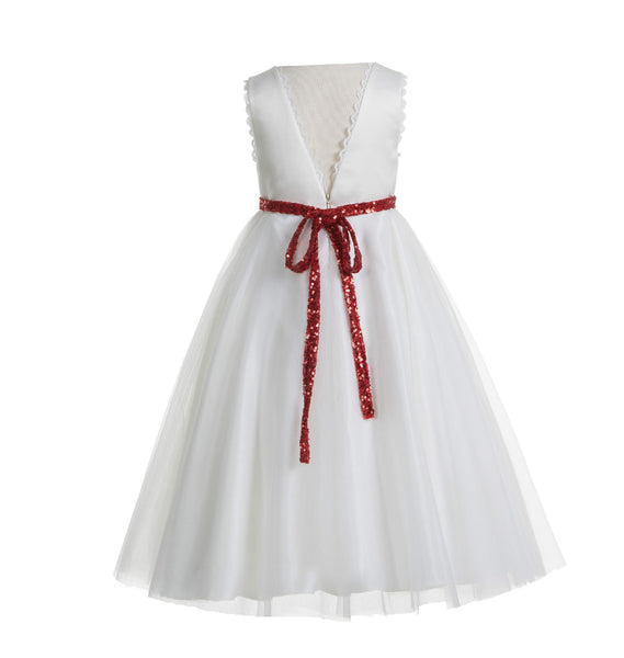 White V-Back Lace Edge Junior Flower Girl Dress Holy Baptism First Communion Christening Dresses 183