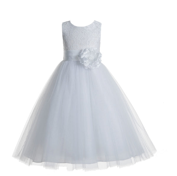 White Floral Lace Heart Cutout Flower Girl Dress Communion Baptism Junior Bridesmaid Dress 172T(1)