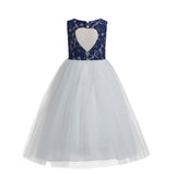 Floral Lace Heart Cutout Flower Girl Dress Junior Pageant Communion Baptism Wedding Tulle Dress 172