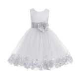 White Tulle Floral Rose Petals Princess Wedding Pageant Recital Birthday Flower Girl Dress 007(2)