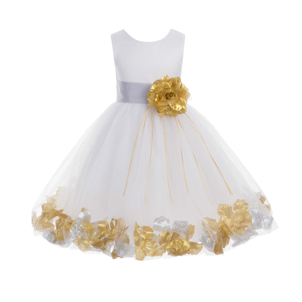 White Tulle Floral Rose Petals Princess Wedding Pageant Recital Birthday Flower Girl Dress 007(3)