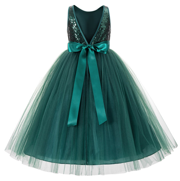 Sequin V-Back Flower Girl Dress Special Occasions Wedding Reception Communion Baptism Pageant LG1
