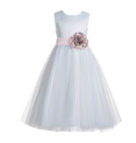 White V-Back Lace Edge Flower Girl Dress Junior Pageant Special Occasion Formal Evening Gown 183T(1)